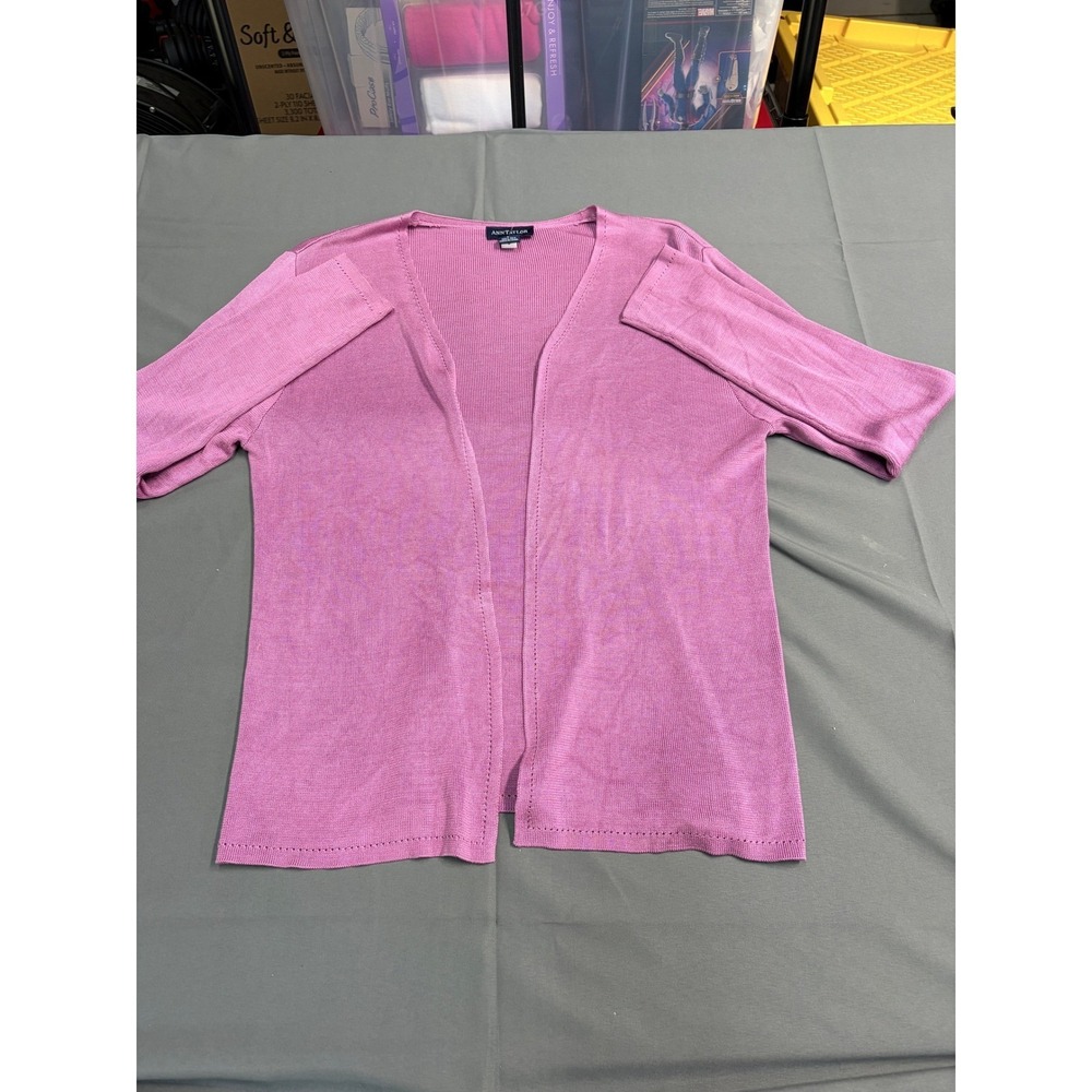 Ann Taylor 100% Silk Cardigan Sweater Purple V-Neck Long Sleeve Large Orchid - Picture 5 of 16